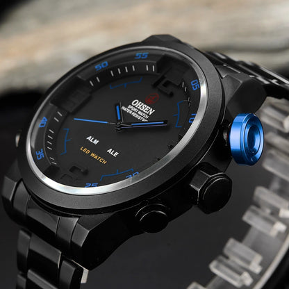 Montre sport homme double affichage – Quartz & LED – Bracelet acier inoxydable – Étanche 3ATM – Design militaire moderne