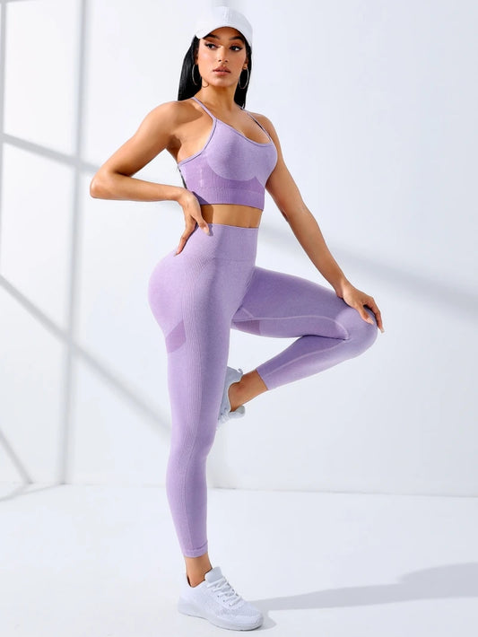 Ensemble Yoga Femme 2 pièces – Tenue Seamless pour Entraînement – Legging et Brassière Sportive à Bretelles Fines Extensibles