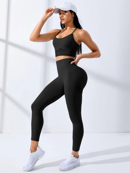 Ensemble Yoga Femme 2 pièces – Tenue Seamless pour Entraînement – Legging et Brassière Sportive à Bretelles Fines Extensibles