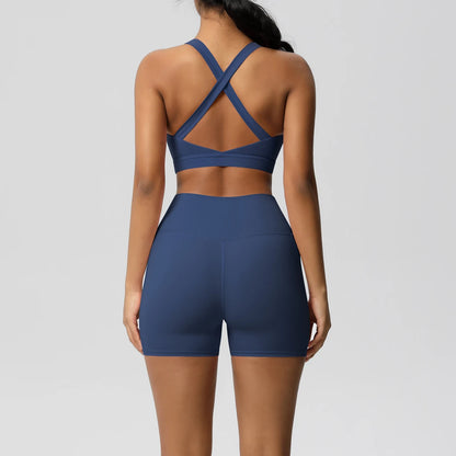 Ensemble Sport 2 pièces avec Poches – Tenue de Yoga Femme | Shorts de Sport & Brassière Croisée | Leggings de Gym
