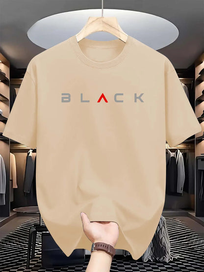 T-shirt d'été pour homme en coton 100 % pur – coupe ample décontractée, grande taille, motif lettres noires imprimé, col rond, manches courtes