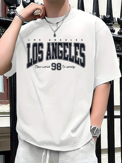 Men's summer 100 cotton fashionable casual loose plus size Los Angeles 98 printed sports round neck short sleeved T-shirt top