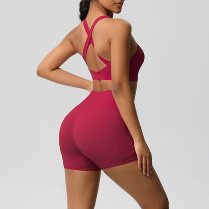 Ensemble Sport 2 pièces avec Poches – Tenue de Yoga Femme | Shorts de Sport & Brassière Croisée | Leggings de Gym