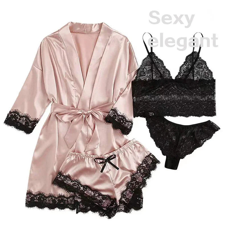 Lot de 4 pièces Pyjama Femme avec Robe – Lingerie Sexy en Dentelle, Peignoir en Soie Satinée, Vêtements d’Intérieur et Nuit