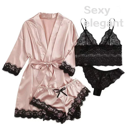 Lot de 4 pièces Pyjama Femme avec Robe – Lingerie Sexy en Dentelle, Peignoir en Soie Satinée, Vêtements d’Intérieur et Nuit