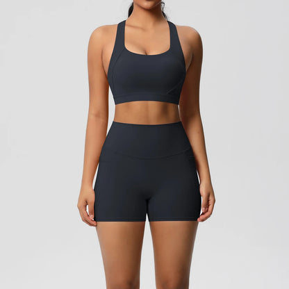 Ensemble Sport 2 pièces avec Poches – Tenue de Yoga Femme | Shorts de Sport & Brassière Croisée | Leggings de Gym