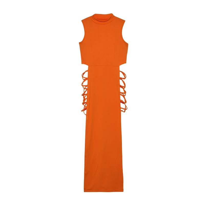 Robe à découpes croisées, robe moulante sexy à col montant sans manches, vêtements pour femmes