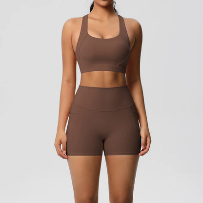 Ensemble Sport 2 pièces avec Poches – Tenue de Yoga Femme | Shorts de Sport & Brassière Croisée | Leggings de Gym
