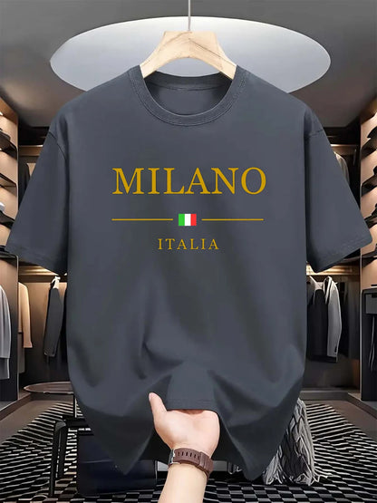 T-shirt homme d'été en 100% coton, style décontracté, coupe ample grande taille, motif imprimé MILANO ITALIA, col rond, manches courtes