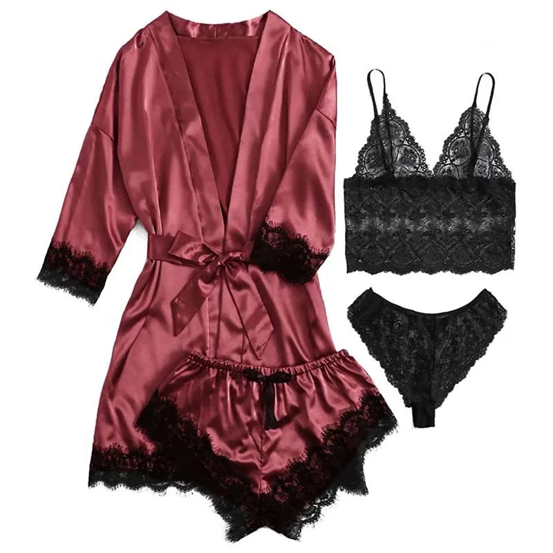 Lot de 4 pièces Pyjama Femme avec Robe – Lingerie Sexy en Dentelle, Peignoir en Soie Satinée, Vêtements d’Intérieur et Nuit