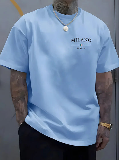 Men's summer 100% pure cotton fashionable sports casual loose MILANO ITALIA pattern printed round neck short sleeved T-shirt top