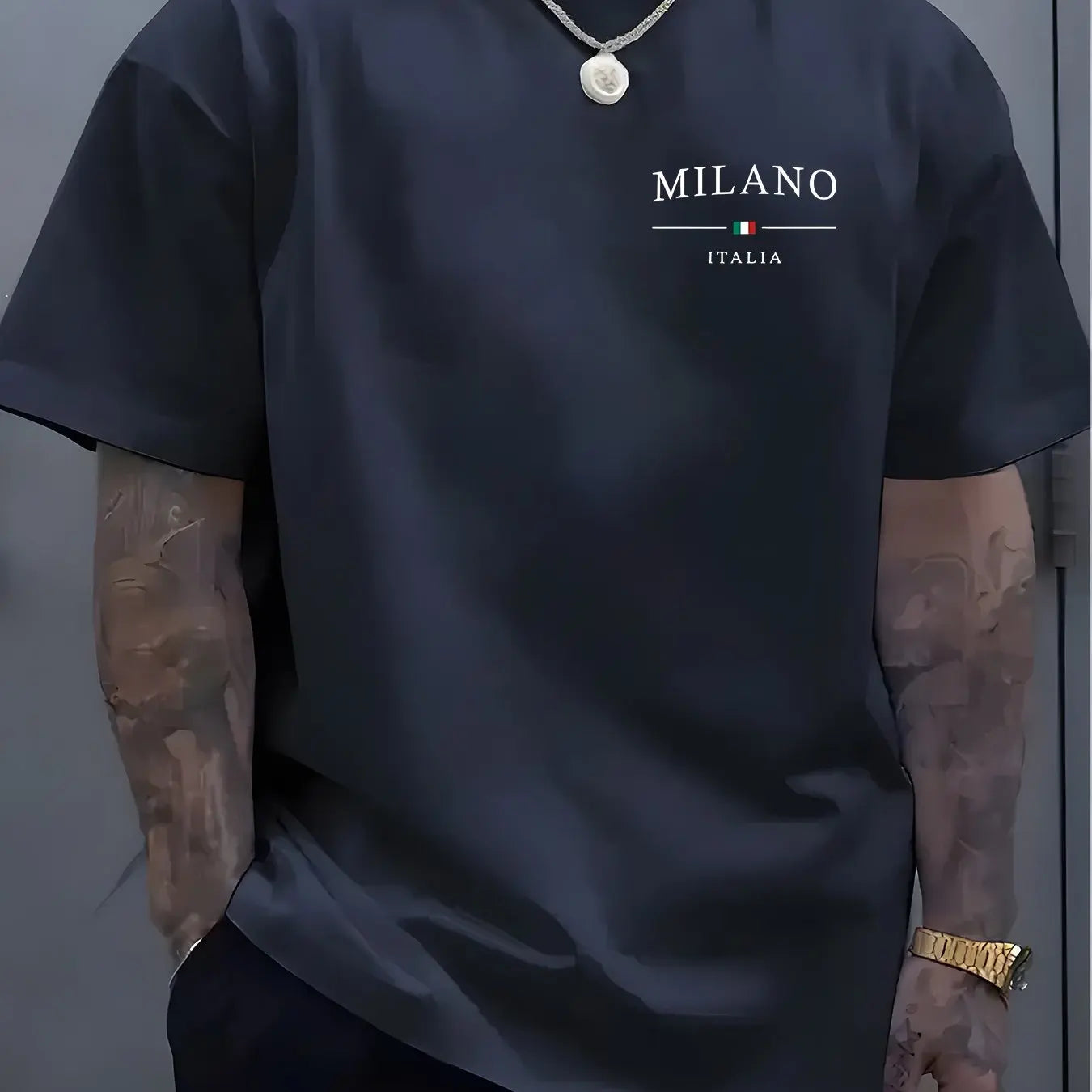 Men's summer 100% pure cotton fashionable sports casual loose MILANO ITALIA pattern printed round neck short sleeved T-shirt top