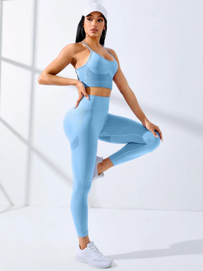 Ensemble Yoga Femme 2 pièces – Tenue Seamless pour Entraînement – Legging et Brassière Sportive à Bretelles Fines Extensibles