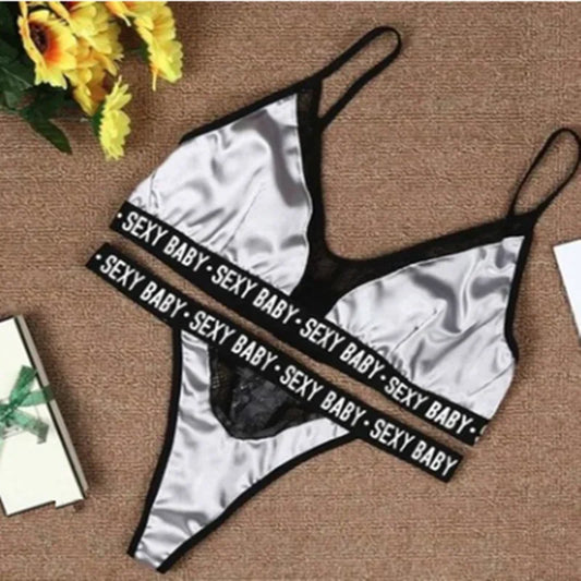 Ensemble Lingerie Femme Sexy – Soutien-gorge et Culotte – Bralette à Imprimé Lettre avec Détails en Dentelle