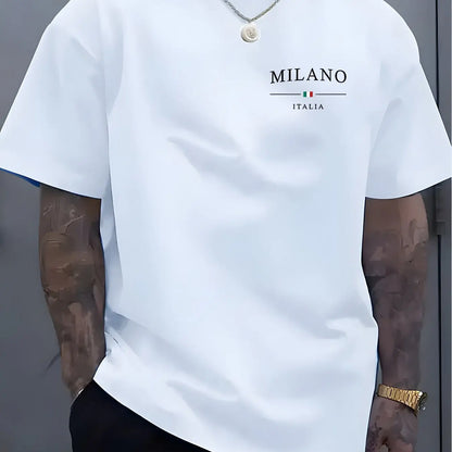 Men's summer 100% pure cotton fashionable sports casual loose MILANO ITALIA pattern printed round neck short sleeved T-shirt top