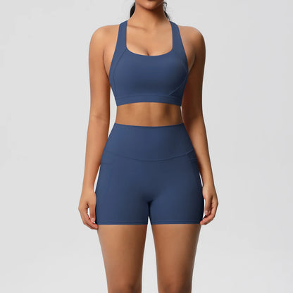 Ensemble Sport 2 pièces avec Poches – Tenue de Yoga Femme | Shorts de Sport & Brassière Croisée | Leggings de Gym
