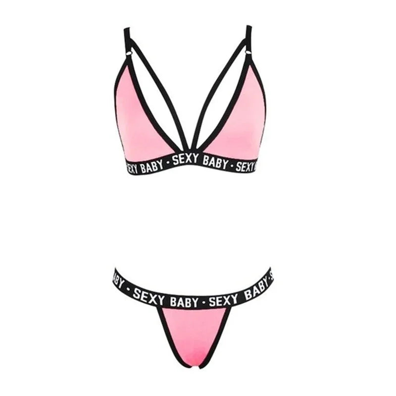 Ensemble Lingerie Femme Sexy – Soutien-gorge et Culotte – Bralette à Imprimé Lettre avec Détails en Dentelle