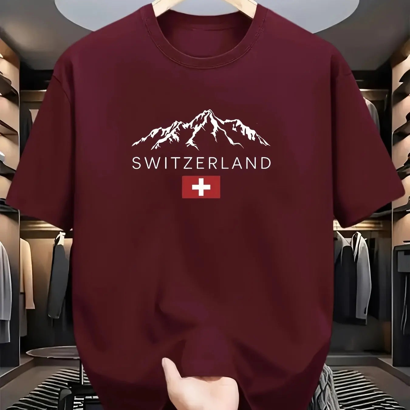 Men's summer 100% cotton fashionable casual loose sports Swiss mountain pattern printed round neck short sleeved T-shirt top