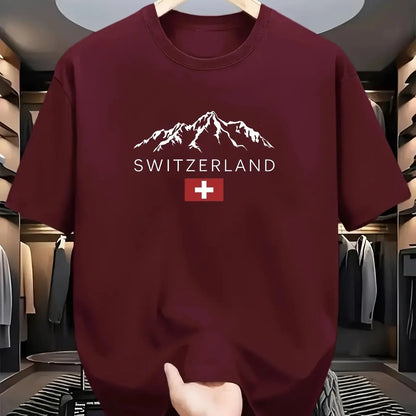 Men's summer 100% cotton fashionable casual loose sports Swiss mountain pattern printed round neck short sleeved T-shirt top
