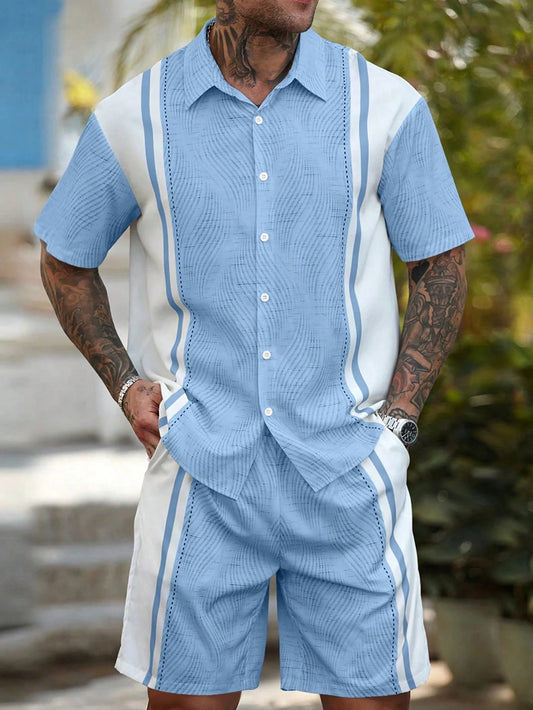 Ensemble homme chemise et short à rayures simples style hawaïen – tenue décontractée deux pièces pour vacances, chemise à manches courtes avec boutons.