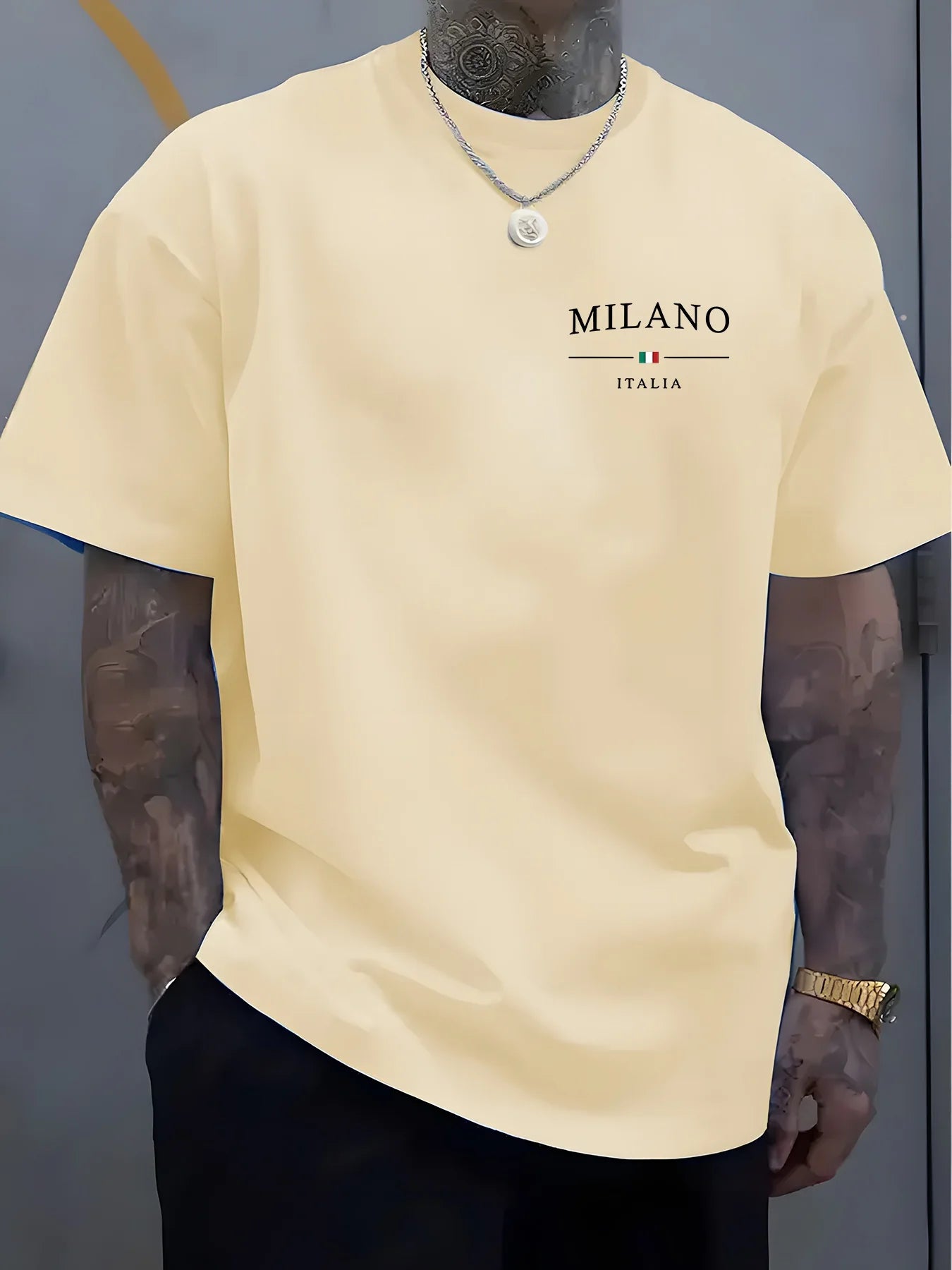 Men's summer 100% pure cotton fashionable sports casual loose MILANO ITALIA pattern printed round neck short sleeved T-shirt top